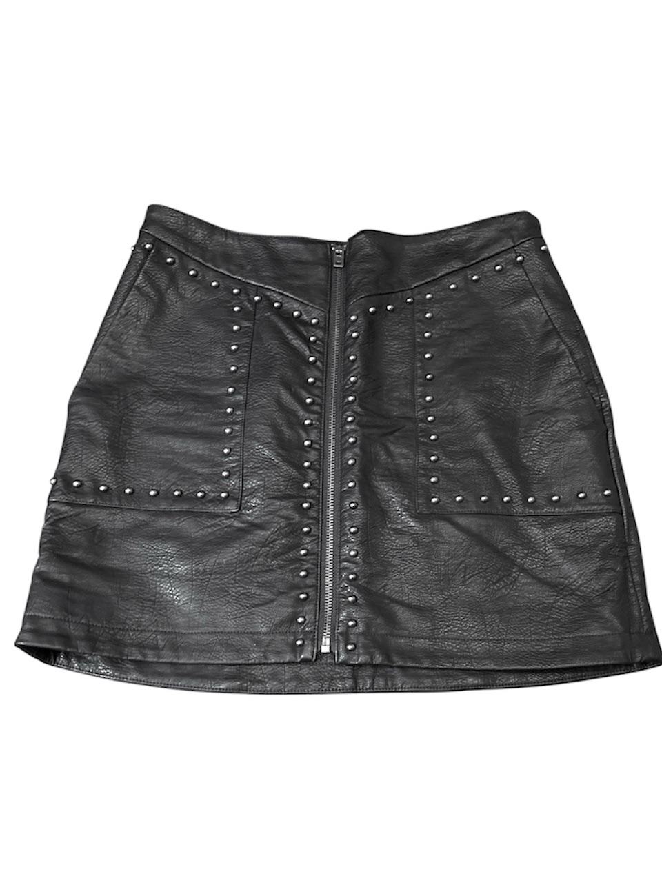Greylin Black Leather Chrome Studded Front Zipper Closure Mini Skirt Sm